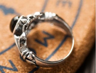 S925 sterling silver jewelry black agate anchor crusader flower simple fashion personality retro Thai silver men's ring